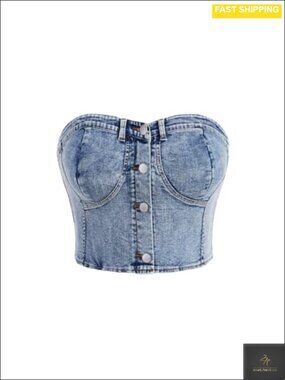 Plus Size Button Down Denim Tube Top Shirred Strapless Cropped Bandeau